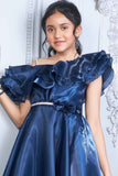 Navy Blue Organza Partywear Gown With Stone Waist Band For Girls