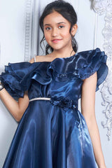 Navy Blue Organza Partywear Gown With Stone Waist Band For Girls