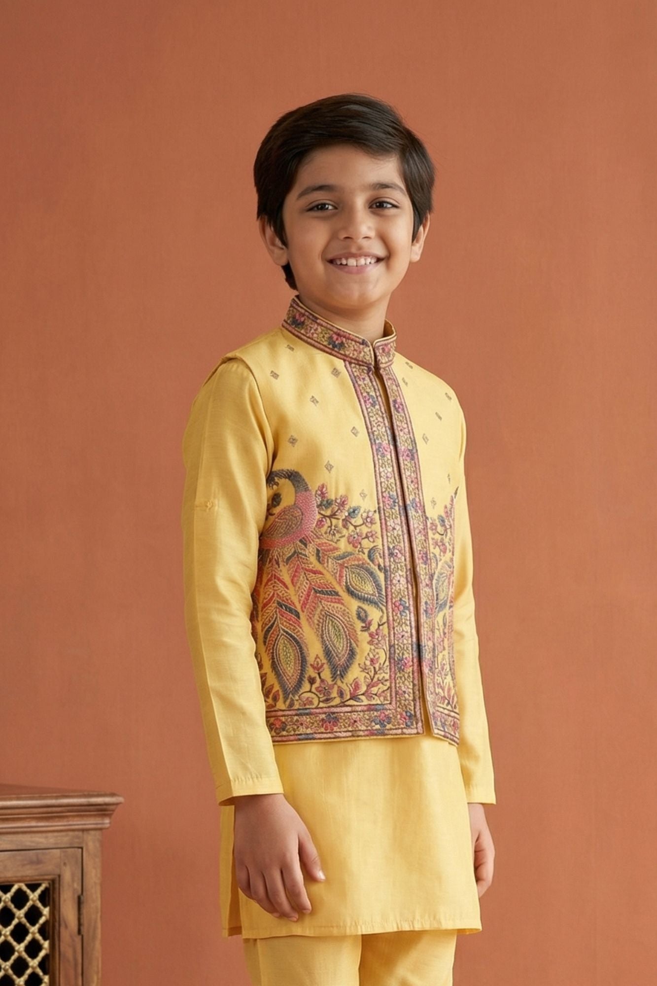 Mustard Yellow Embroidered Kurta Set with Nehru Jacket For Boys