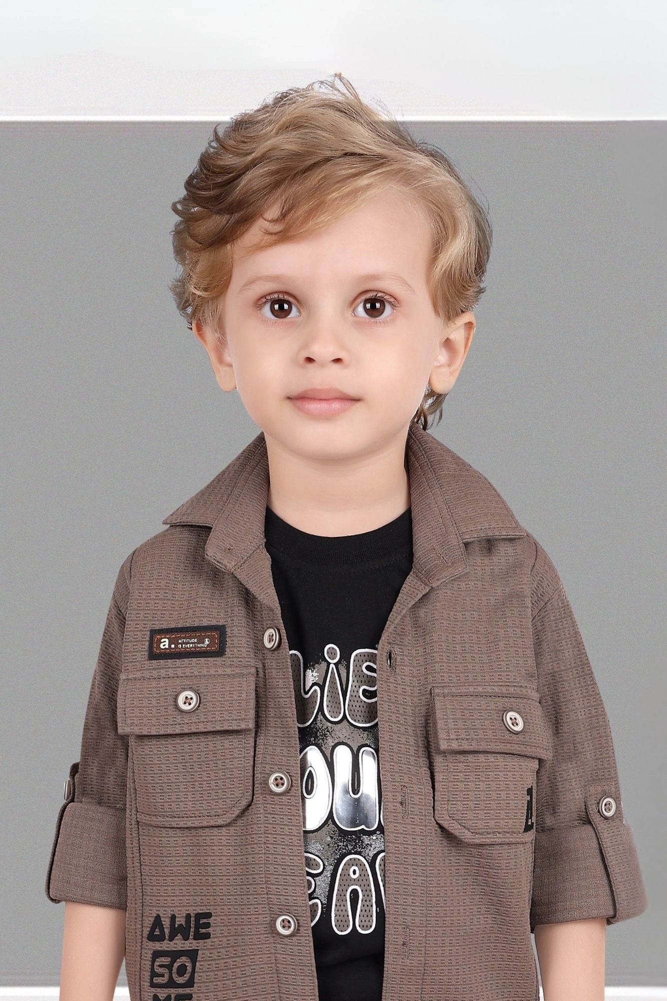 Brown And Black 3-Piece Utility Style Set with Cargo Pants For Boys