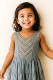 Grey Sleeveless Ethnic Gown With Embroidered Yoke For Girls