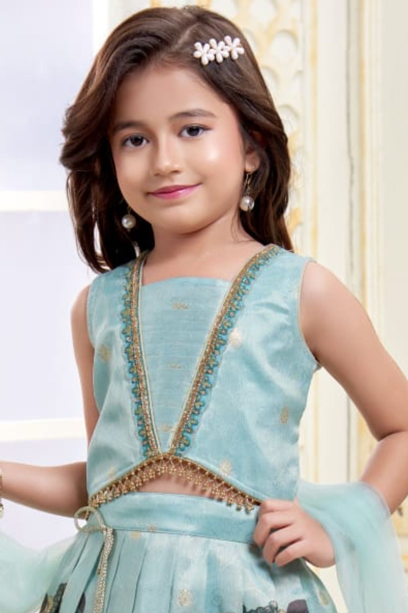 Aqua Blue with Multicolor Folk Print Lehenga Choli for Girls