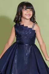 Stylish Shimmer Navy Blue Satin Frock For Girls