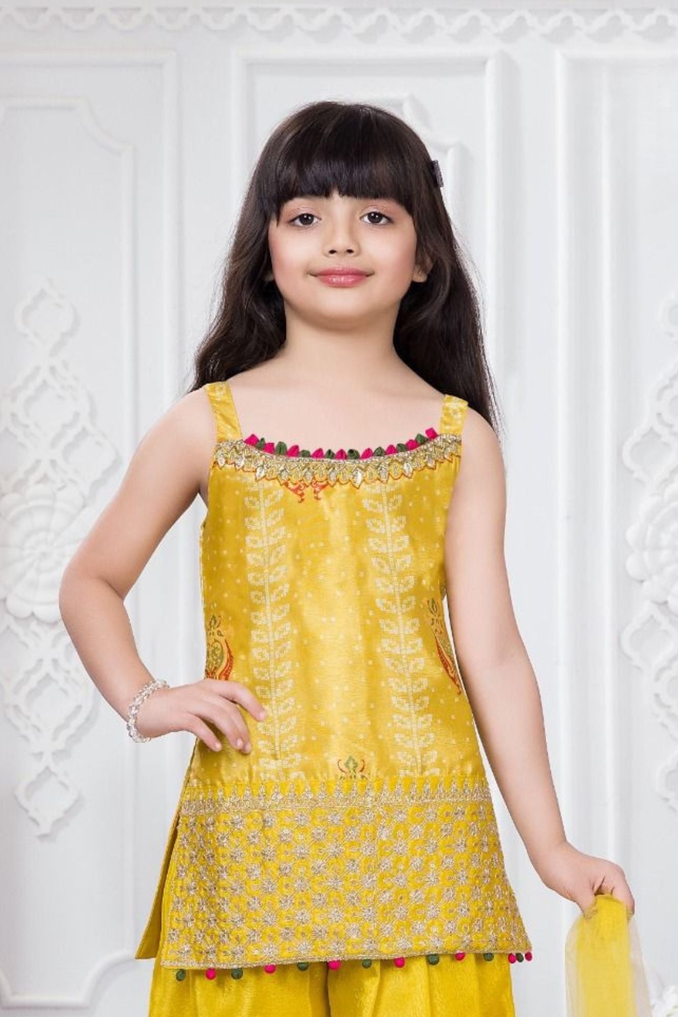 Mustard Yellow Embroidered Kurta Dhoti Set with Dupatta For Girls