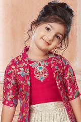 Rani Pink Sleeveless Choli And Lehenga Set With Zari Embroidery Stone Work Over Coat For Girls