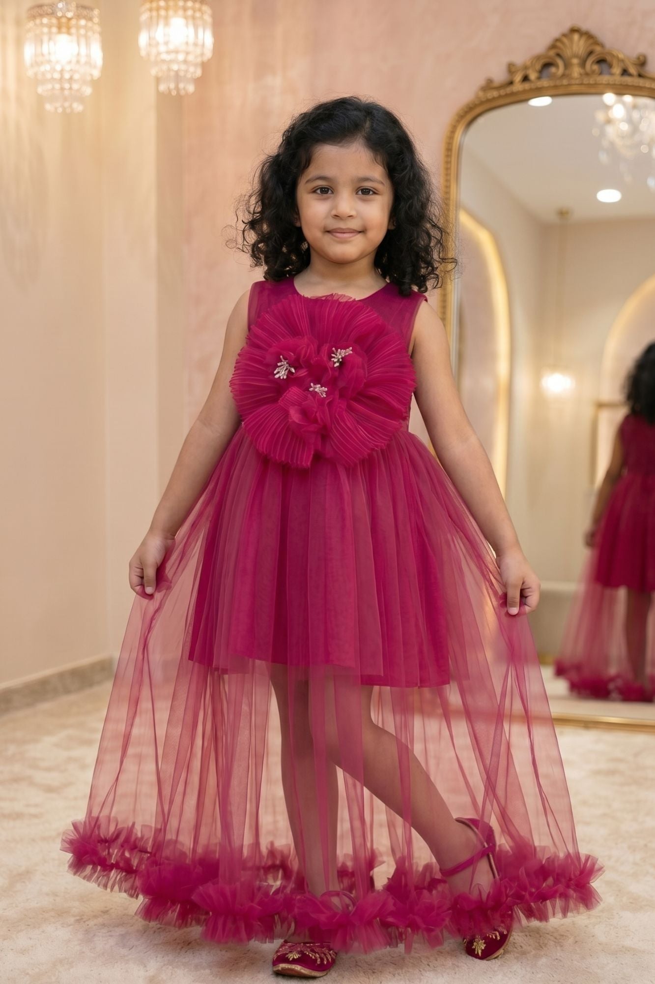 Rani Pink Party Frock with Oversized Floral Appliqué For Girls