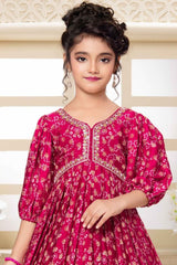 Dark Pink Bandhani Printed Gown With Sequin Work For Girls