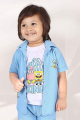 Blue Printed Shirt And Short With White T-Shirt Set For Boys