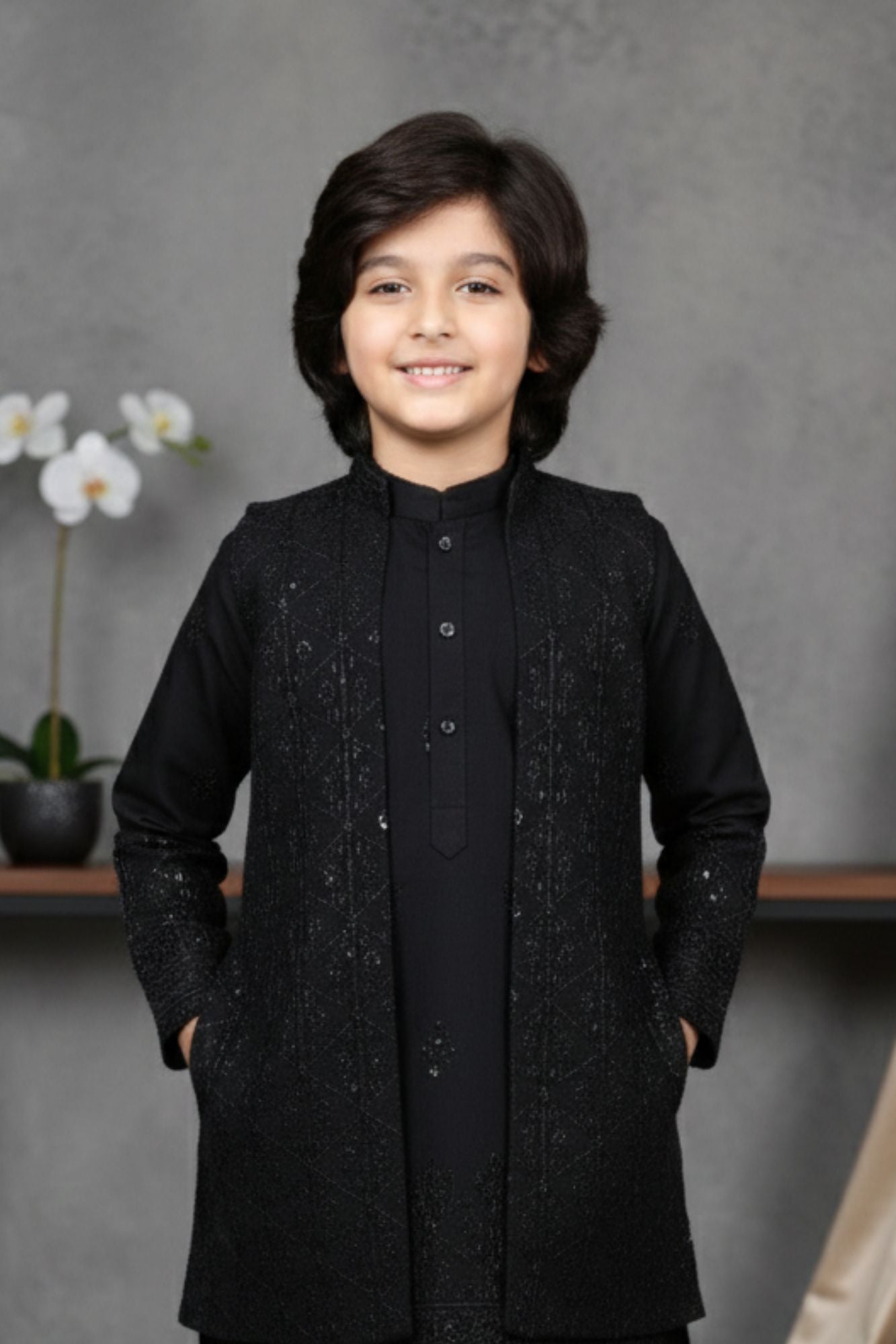 Black Sequins Embroidered Kurta Pajama Set with Ethnic Jacket for Boys