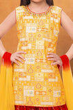 Yellow Kurti With Red Patiala Suit Set For Girls