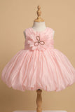 Peach Party Frock with Oversized Floral Appliqué and Pleated Shine Finish For Girls