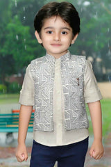 Cream Full Sleeves And Printed Waist Coat Set For Boys