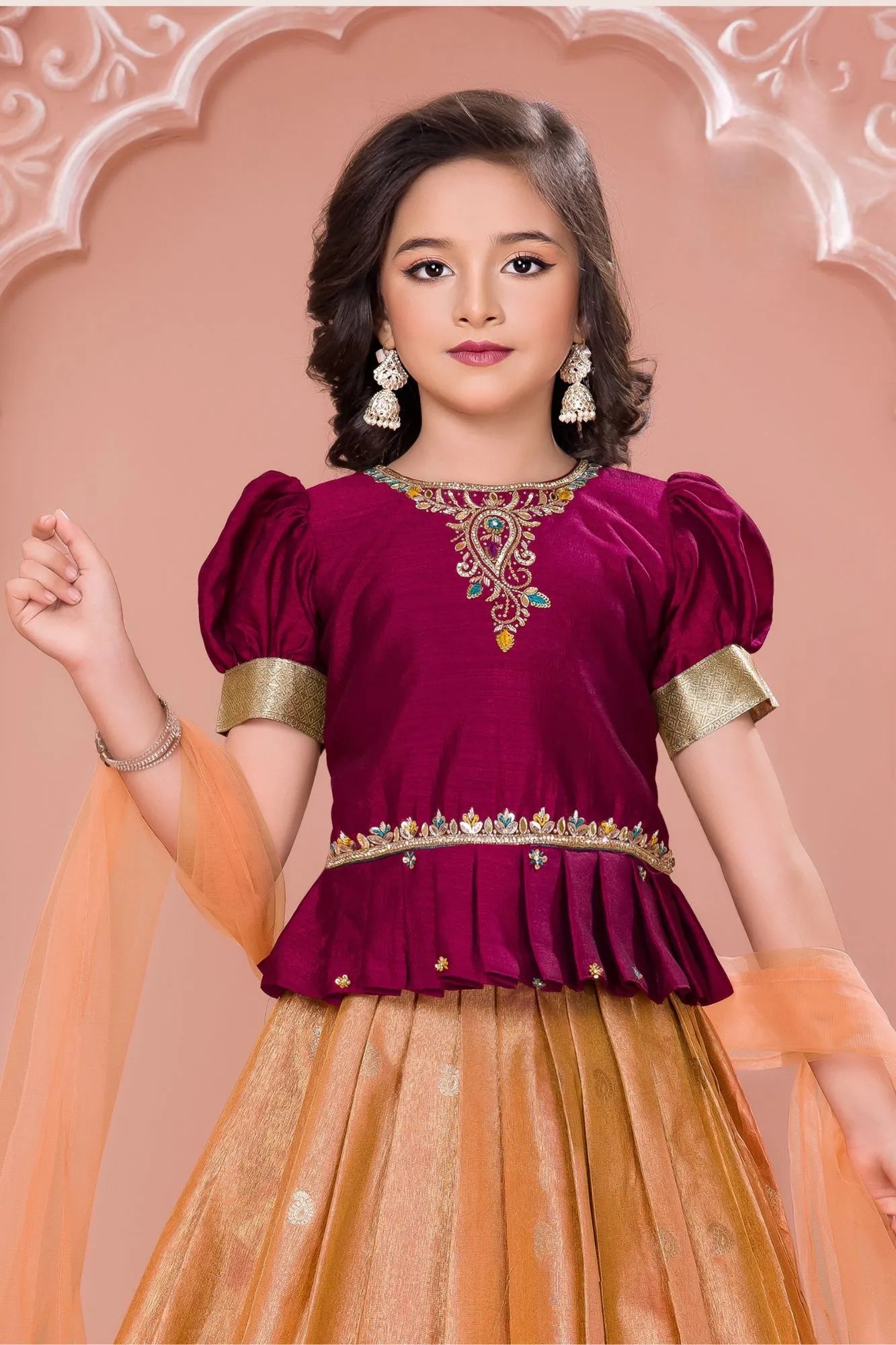 Maroon And Peach Silk Pattu Pavadai with Puff Sleeves For Girls
