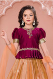 Maroon And Peach Silk Pattu Pavadai with Puff Sleeves For Girls