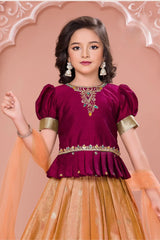 Maroon And Peach Silk Pattu Pavadai with Puff Sleeves For Girls
