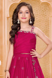 Magenta One-Shoulder Embroidered Lehenga Choli Set For Girls