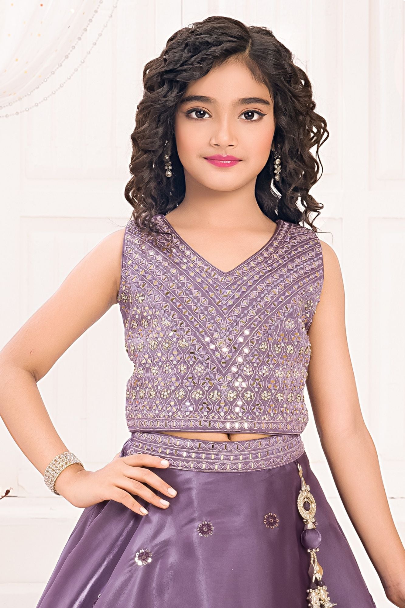 Royal Lavender Mirror Work Lehenga Choli Set For Girls