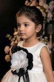 Girls White  Party Frock With Black Floral Applique
