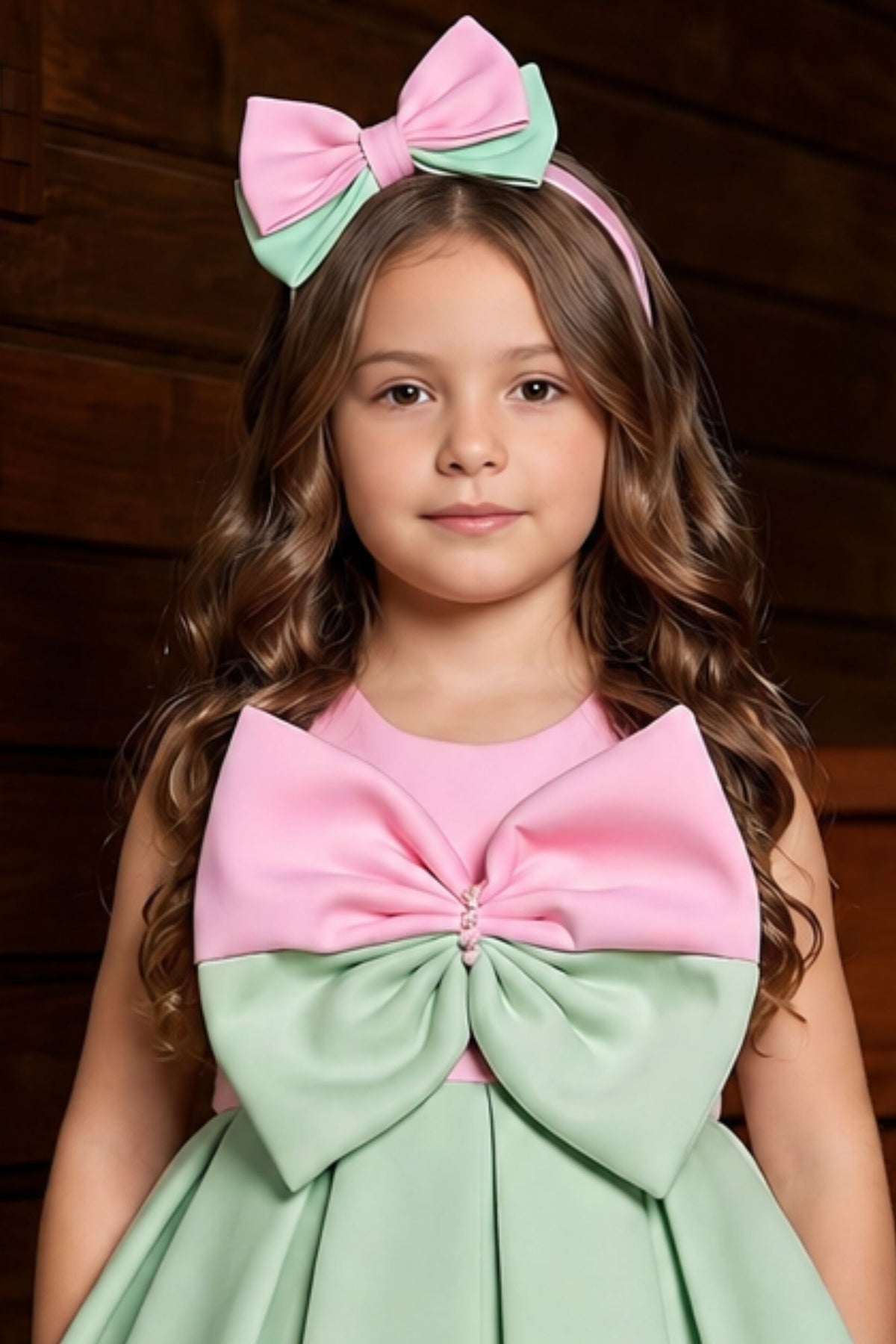 Girls Pista Green And Pink Bow Applique Party Wear Frock