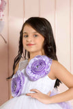 White And Lavender Layered Party Frock With 3D Floral Embellished For Girls