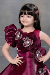 Wine Organza Gown With Floral Embellished For Girls