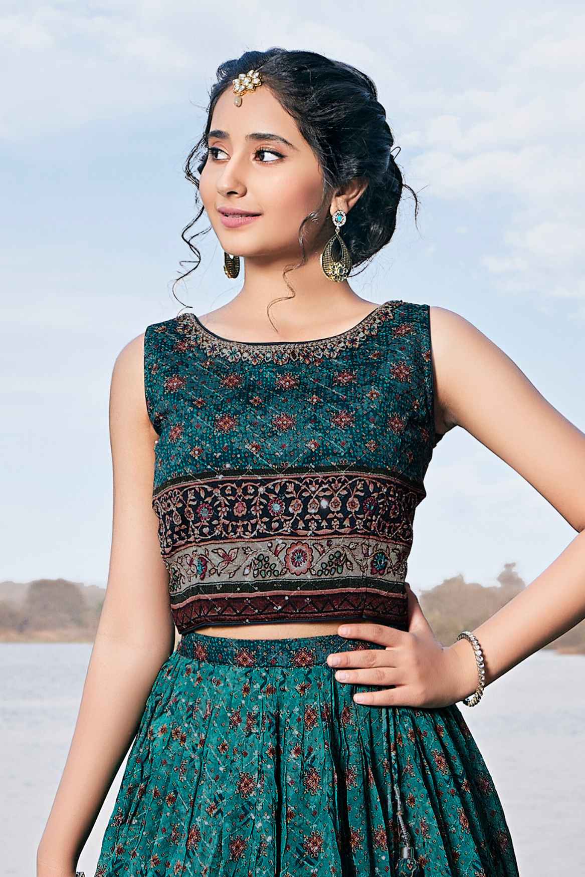 Teal Green Floral Printed Lehenga Choli Set