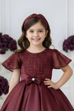 Maroon Embellished Party Wear Frock with Bow Waist Accent For Girls