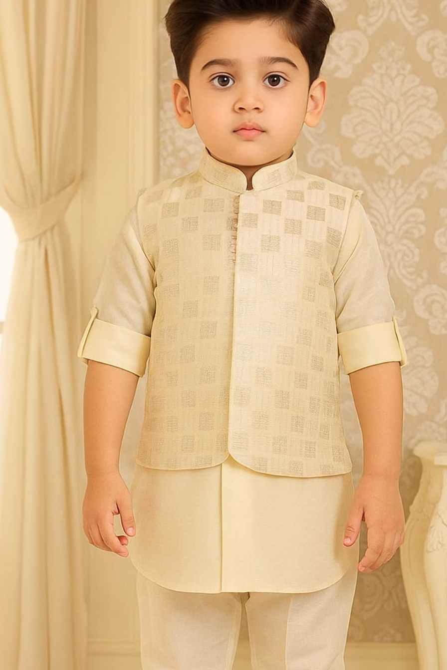 Cream Kurta Set With Sequins Embroidered Waistcoat For Boys