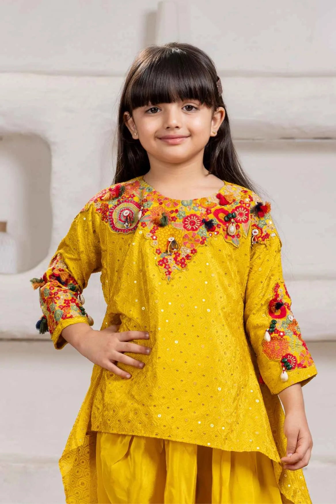 Mustard With Multicolor Embroidered Kurta with Dhoti Pants For Girls