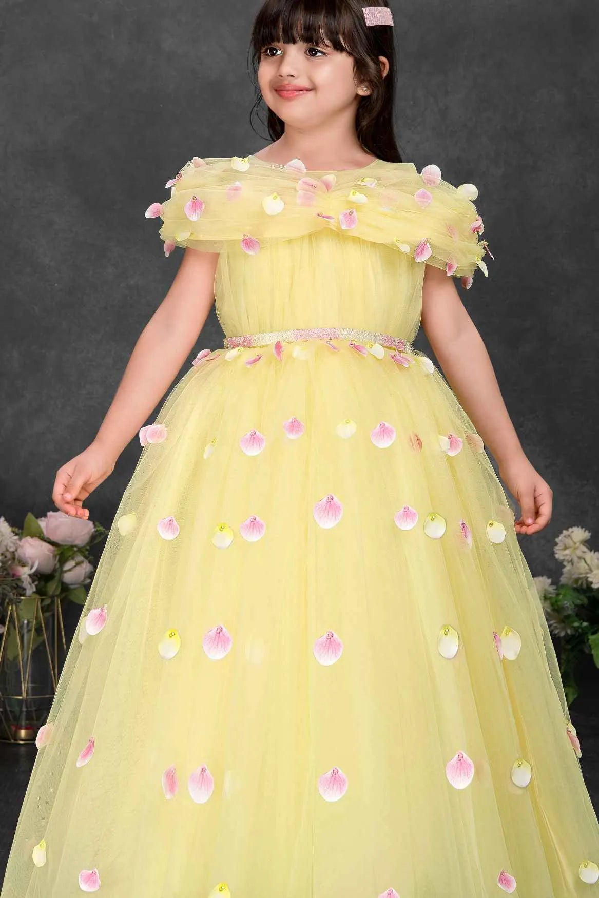 Yellow Floral Petal Embellished Party Gown With Cape Overlay For Girls