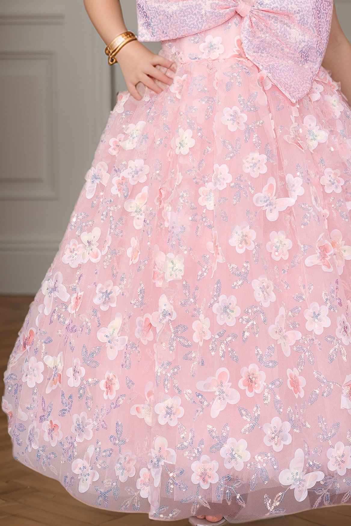 Pink Party Wear Gown With Sequin Flowers And Giant Bow For Girls Lagorii Kids Pink Party Wear Gown With Sequin Flowers And Giant Bow For Girls Lagorii Kids