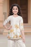 Beige Floral Printed and Sequins Work Palazzo Set For Girls