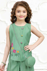 Green Embroidered Work Palazzo Set With Sling Bag For Girls