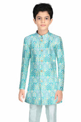 Classic Blue Printed Sherwani With White Pant For Boys