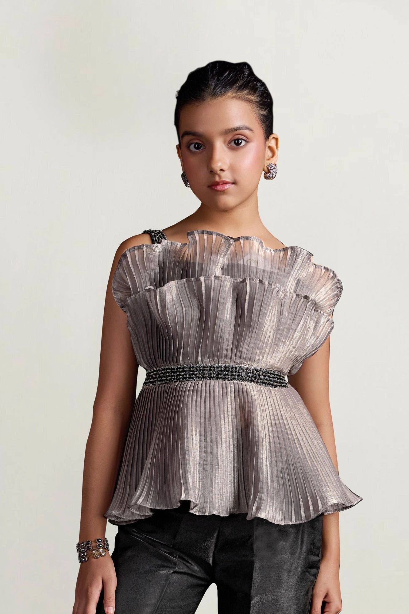 Metallic Ash Grey Pleated Top with Pants For Girls
