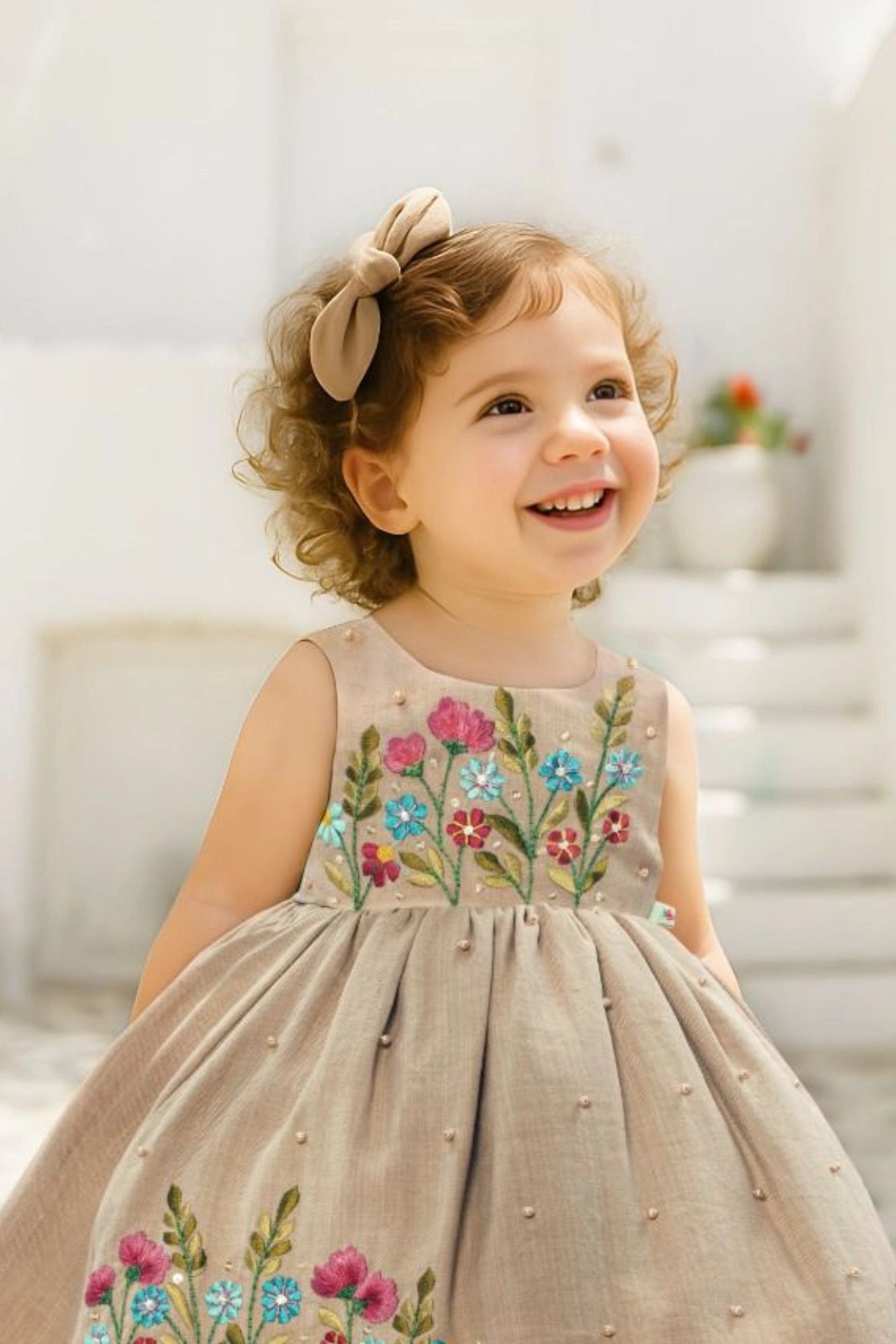 Beige Embroidered Fit And Flare Frock For Girls