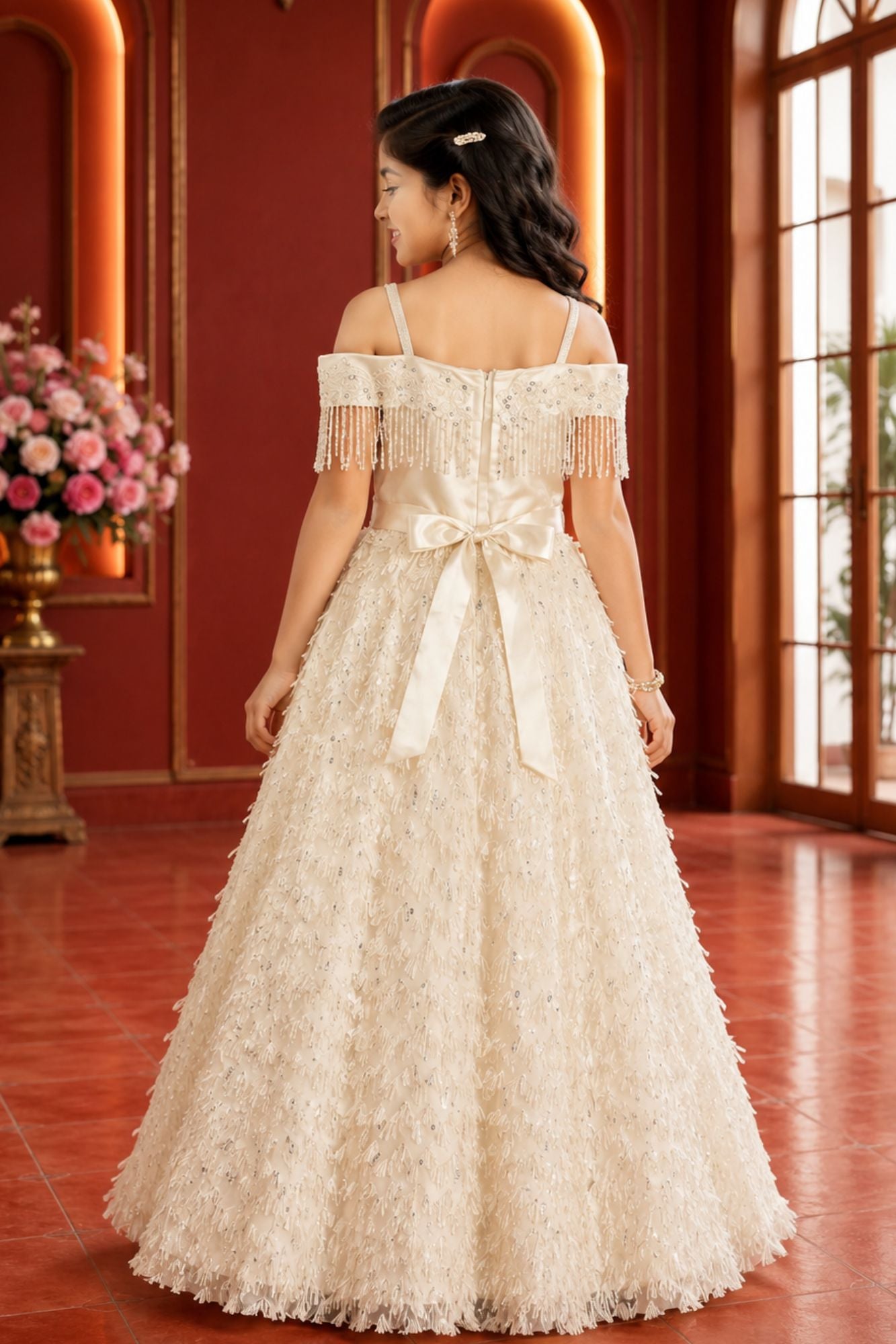 Girls White Off-Shoulder Sequined Party Wear Gown with Fringe And Textured Flared Skirt