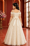 Girls White Off-Shoulder Sequined Party Wear Gown with Fringe And Textured Flared Skirt