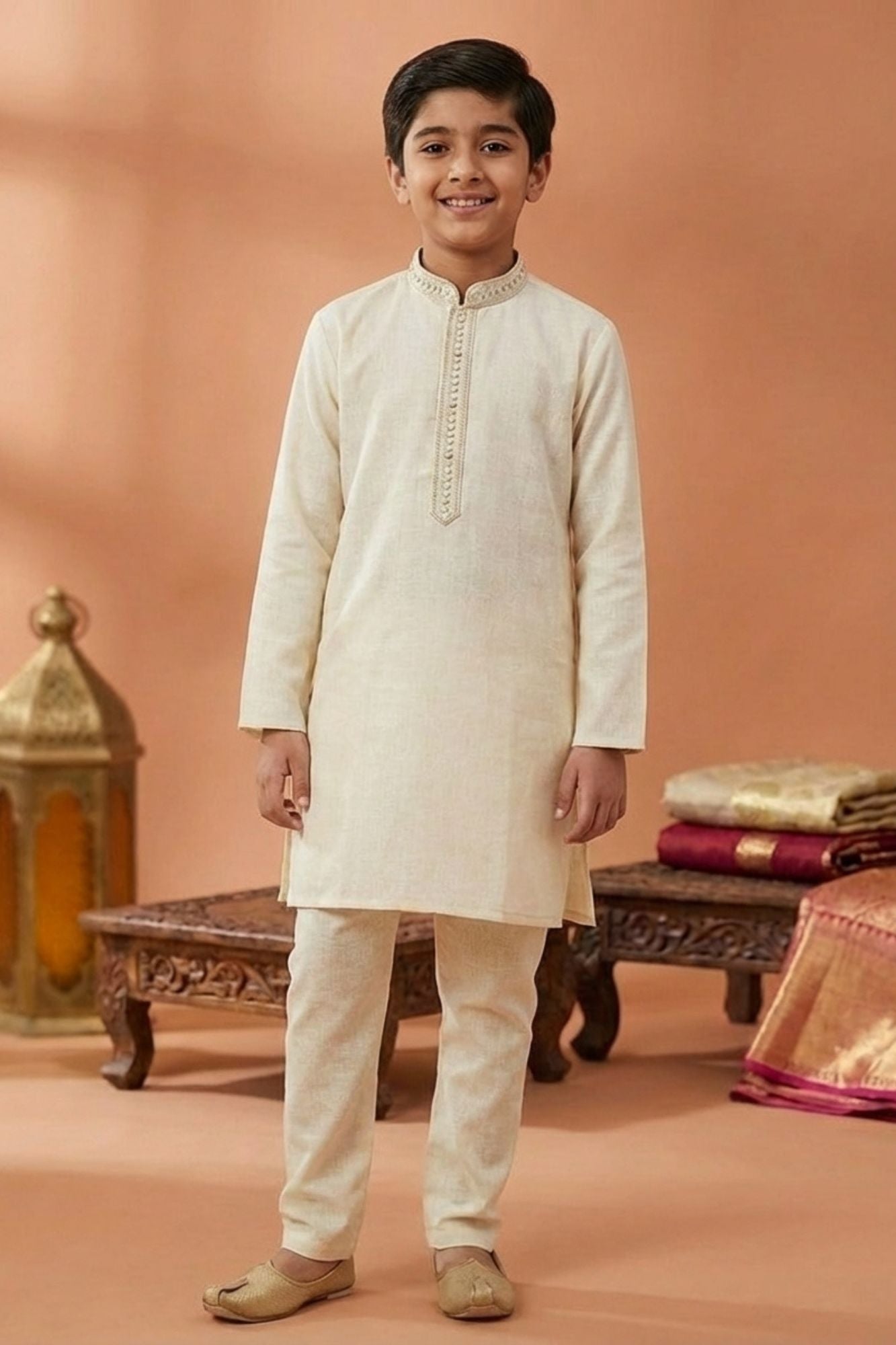 Cream Embroidered Linen Kurta Set For Boys
