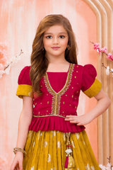 Rani Pink & Mustard Silk Pattu Pavadai Set with Zari Work For Girls