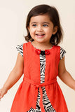 Black And White Zebra Print Dress with Orange Overlay & Floral Neck Detail For Girls