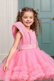 Designer Peach Sequin Partywear Net Tailback Frock For Girls - Lagorii Kids