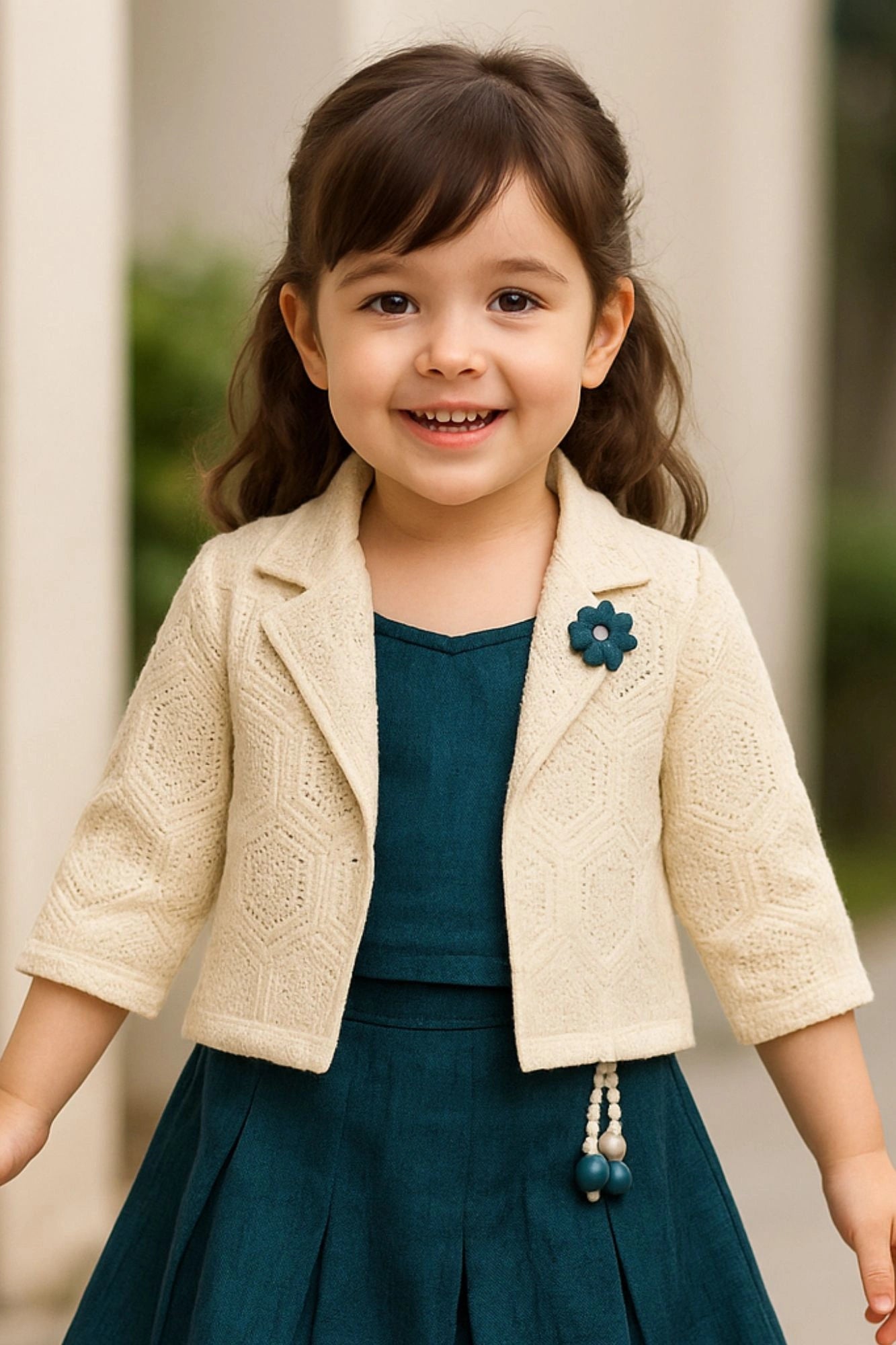Teal Pleated Skirt Set with Cream Crochet Jacket For Girls