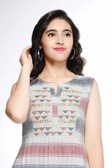 Grey And Red Striped Casual Wear Frock For Girls