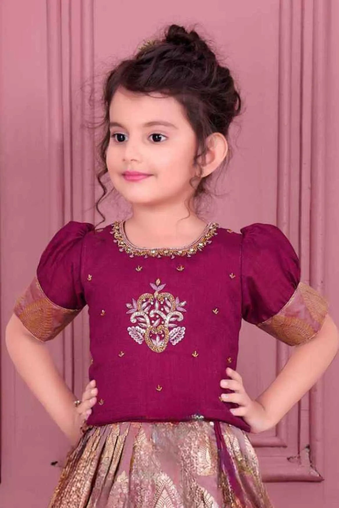 Magenta Embroidered Pattu Pavadai Set With Gold Zari Detailing For Girls