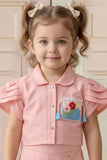 Girls Peach Pleated Co-Ord Set with Floral Patch Pocket