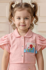 Girls Peach Pleated Co-Ord Set with Floral Patch Pocket