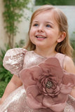 Peach Sequin Work with Oversized Floral Embellished Party Wear Frock For Girls