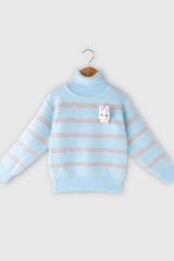 Blue Striped Polo Neck Pullover With Bunny Clip For Girls