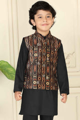 Black Kurta With Embroidery Bandi For Boys